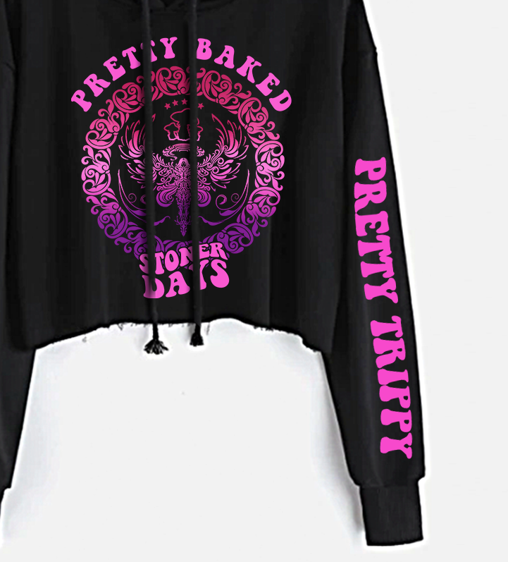 StonerDays Pretty Baked Trip Crop Top Hoodie in Purple with Front Graphic Design