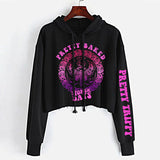 StonerDays Pretty Baked Trip Crop Top Hoodie in black with purple print, front view on hanger