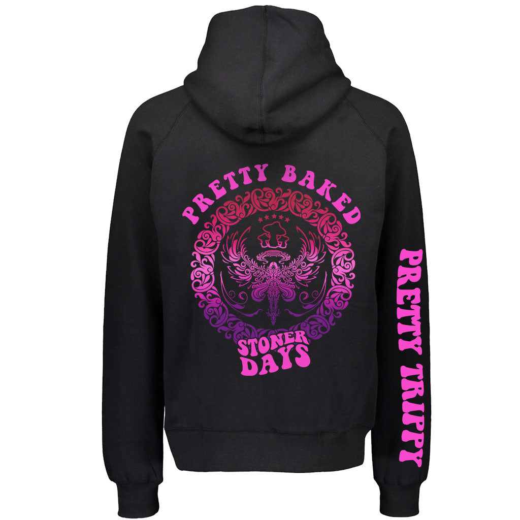 StonerDays Pretty Baked Trip Hoodie in black with vibrant pink graphics, rear view