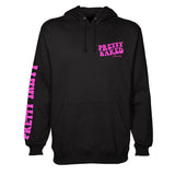 StonerDays Pretty Baked Trip Hoodie in black cotton, front view with pink text design