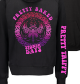 StonerDays Pretty Baked Trip Hoodie in black with vibrant pink graphics, back and sleeve view