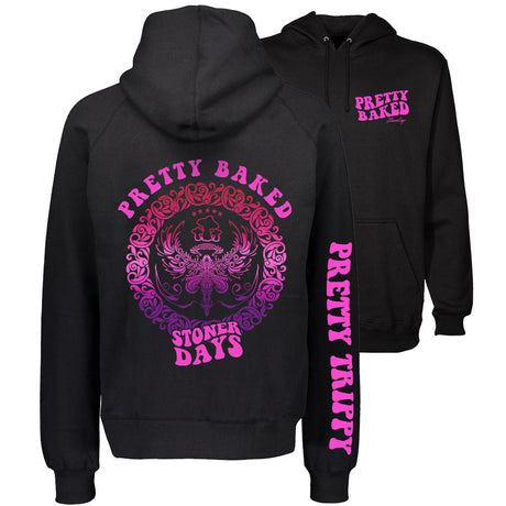 StonerDays Pretty Baked Trip Hoodie in black with vibrant pink graphics, front and side views