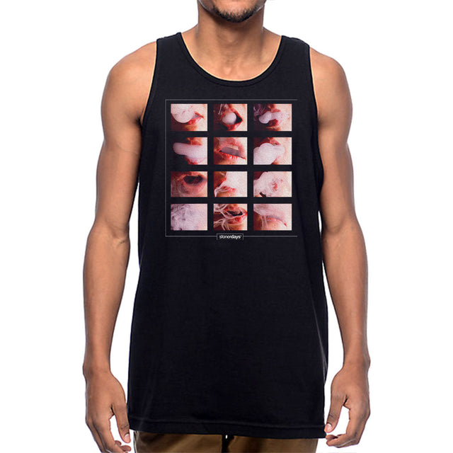 StonerDays Puff Puff Passion Men's Tank in black, front view on model, sizes S-3XL, 100% cotton