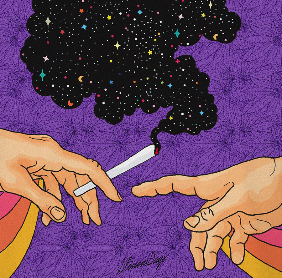 StonerDays Puff Puff Purps t-shirt design with cosmic smoke and hand graphics