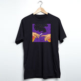 StonerDays Puff Puff Purps T-Shirt in black cotton, front view on hanger, with vibrant graphic print