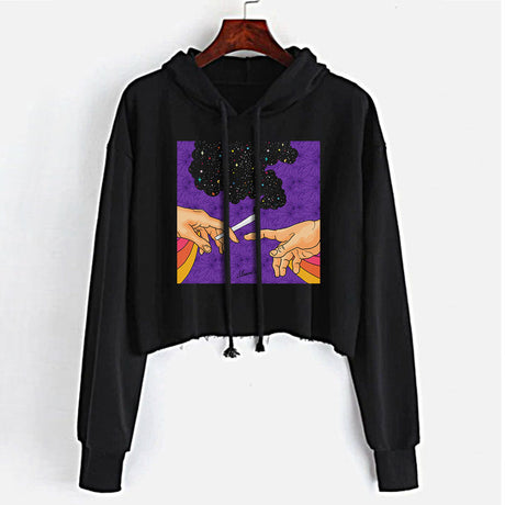 StonerDays Puff Puff Purps Crop Top Hoodie for women, black with chillum design, sizes S to XL