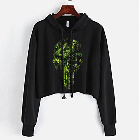 StonerDays Punisher Crop Top Hoodie in black with vibrant green print, front view on white background