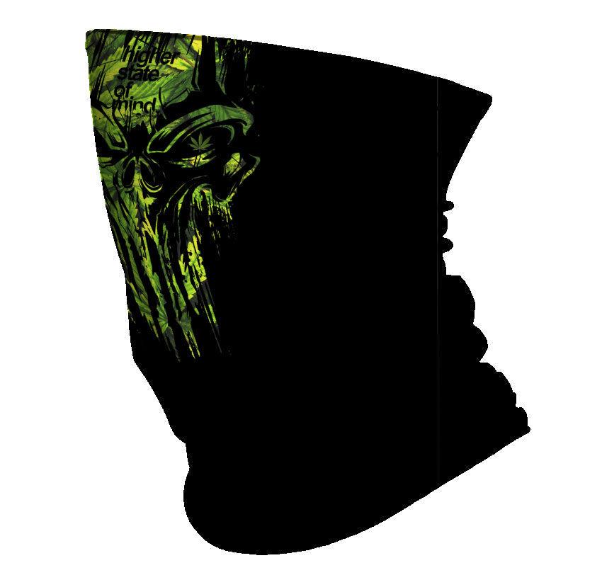 StonerDays Punisher Green Leaves Neck Gaiter side view on a white background