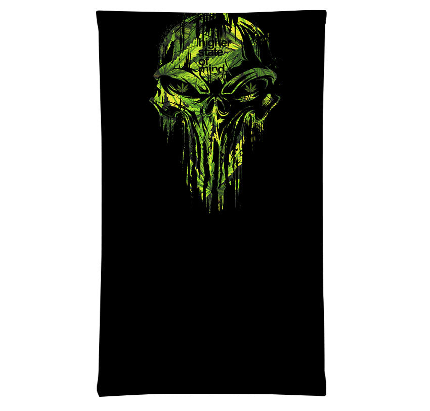 StonerDays Punisher Green Leaves Neck Gaiter with vibrant print, front view on white background
