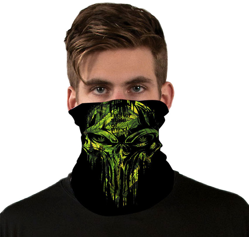 StonerDays Punisher Green Leaves Neck Gaiter front view on model, one size fits all, versatile accessory
