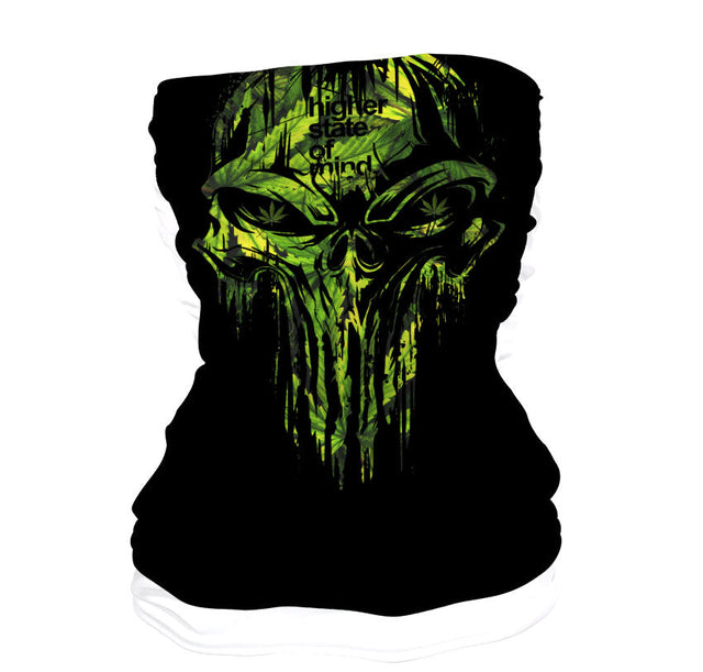 StonerDays Punisher Green Leaves Neck Gaiter, One Size, Front View on White Background