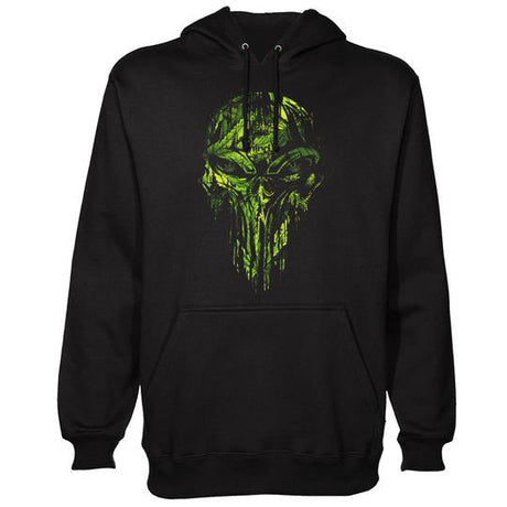 StonerDays Punisher Hoodie in black with vibrant green skull print, front view on a white background