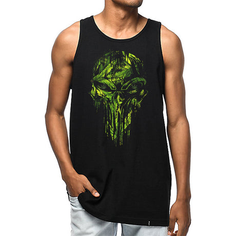 StonerDays Punisher Men's Tank in black cotton, front view with vibrant green print