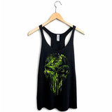 StonerDays Punisher Racerback tank top in black, sizes S-2XL, with vibrant green skull print, front view on hanger