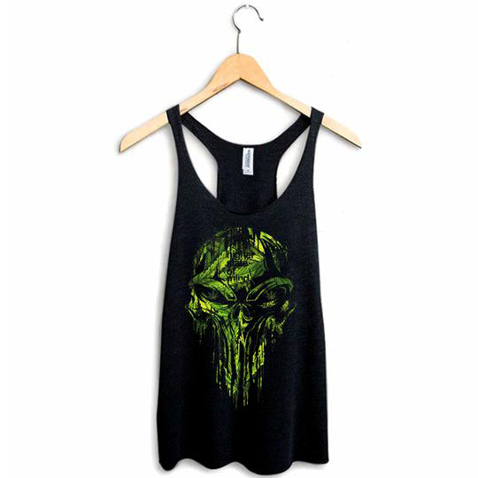 StonerDays Punisher Racerback tank top in black, sizes S-2XL, with vibrant green skull print, front view on hanger