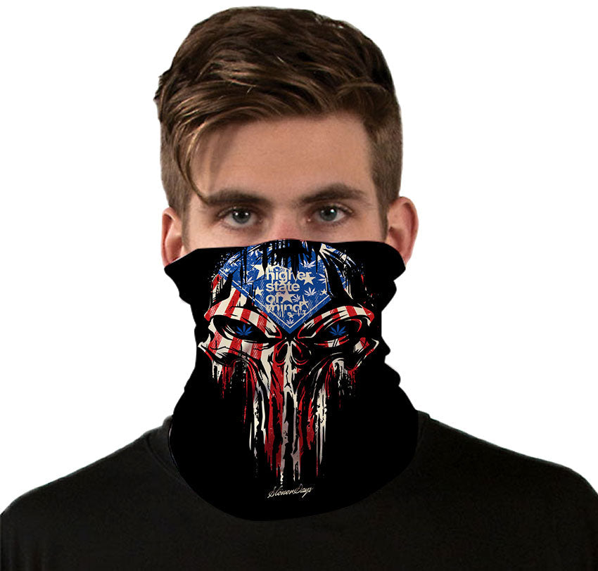 StonerDays Punisher Gaiter in Red, White, and Blue worn by model, front view