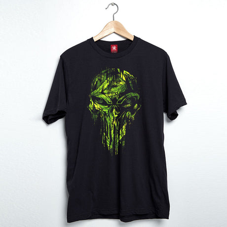 StonerDays Punisher Tee in black cotton, front view on hanger, with vibrant green print