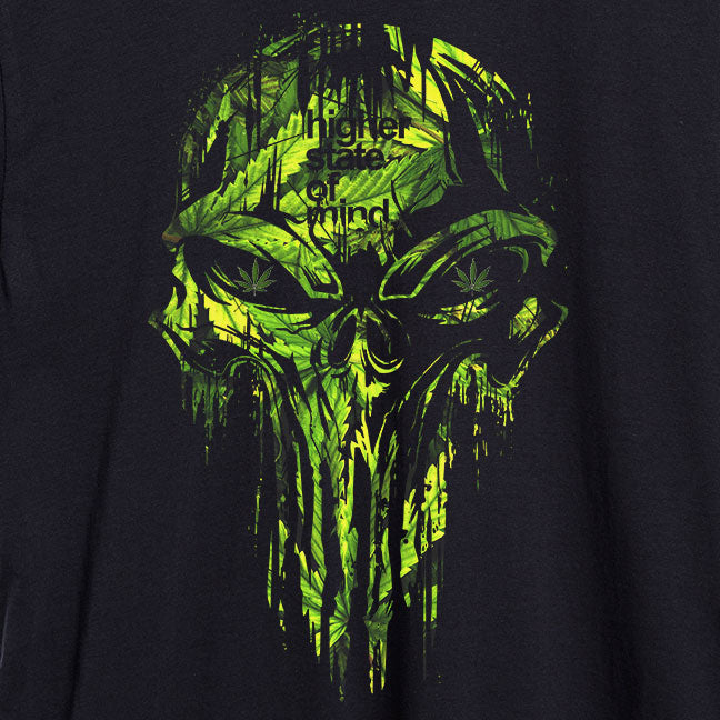 StonerDays Punisher Tee close-up showing vibrant skull graphic on black cotton fabric