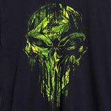 StonerDays Punisher Tee close-up showing vibrant skull graphic on black cotton fabric