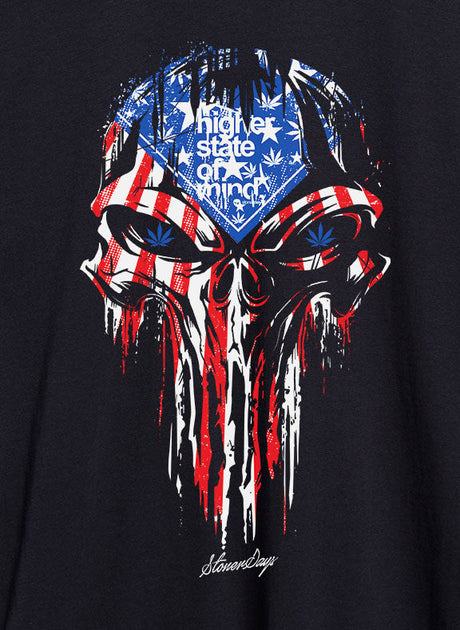 StonerDays Punisher USA Flag Crop Top, front view on seamless black background