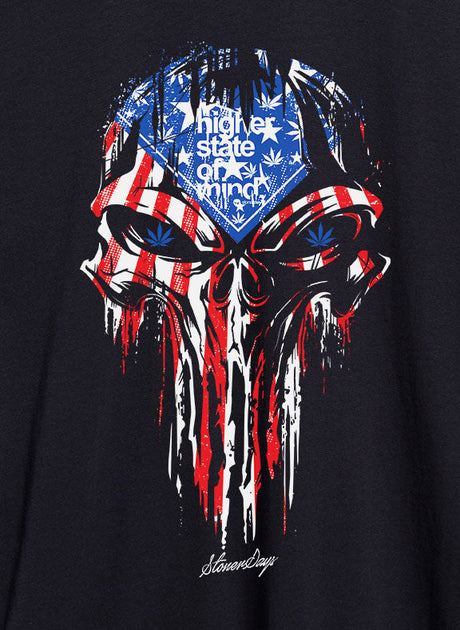 StonerDays Punisher USA Flag Hoodie, close-up of graphic design on black fabric