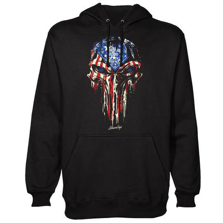 StonerDays Punisher USA Flag Hoodie, front view on a black hoodie with graphic design