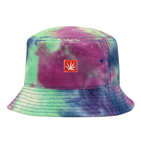 StonerDays Purp N Greens Tie Dye Bucket Hat with Cannabis Leaf Logo - Front View