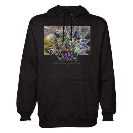 StonerDays Purple Haze men's hoodie in black with cannabis design, front view on a white background