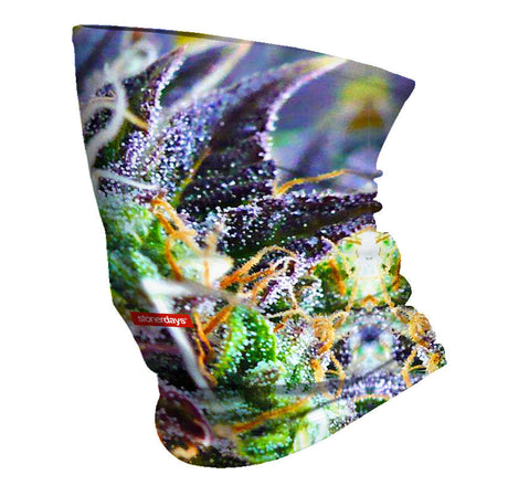 StonerDays Purple Haze Neck Gaiter featuring vibrant cannabis design, made of polyester, one size fits all.