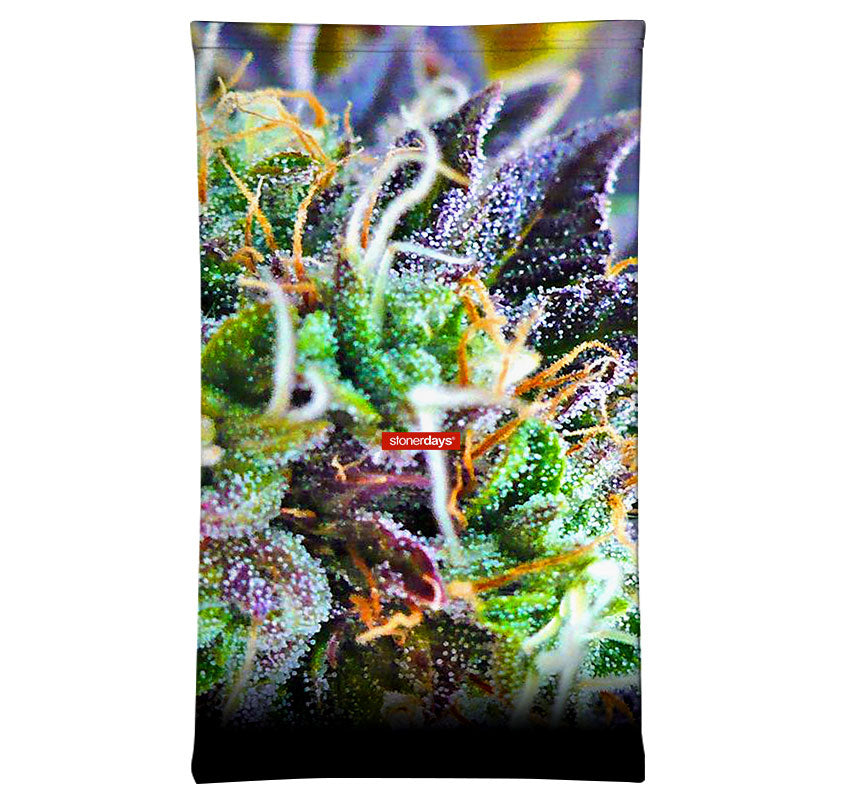 StonerDays Purple Haze Neck Gaiter featuring vibrant cannabis leaf design, made of polyester, one size fits all