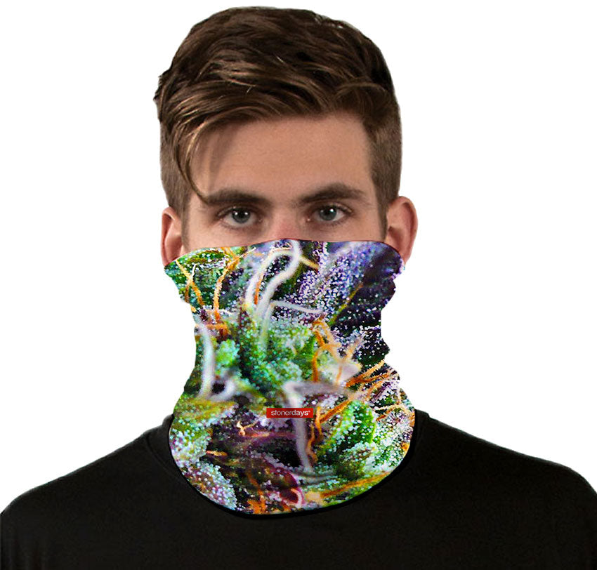 StonerDays Purple Haze Neck Gaiter featuring psychedelic design, front view on model, one size fits all