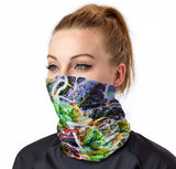 StonerDays Purple Haze Neck Gaiter in vibrant colors, front view on model, one size fits all