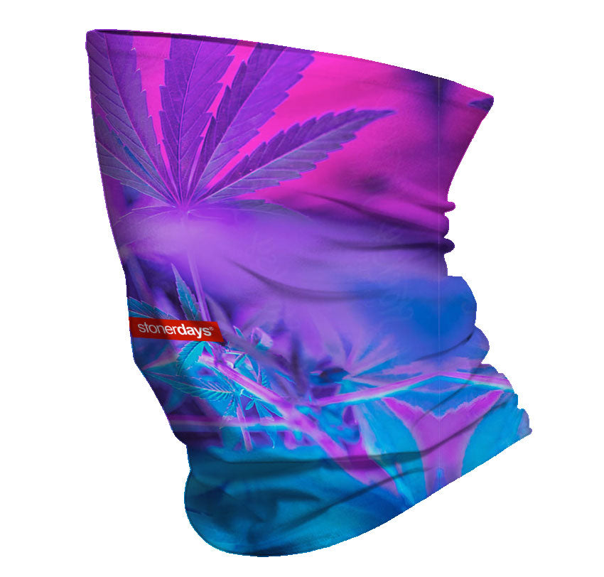 StonerDays Neck Gaiter in Purps and Blue Hues with Cannabis Leaf Design, Polyester Material