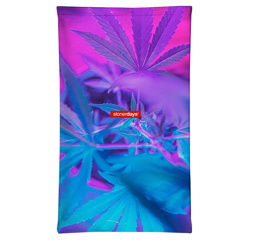 StonerDays Neck Gaiter with Vibrant Purple and Blue Cannabis Leaf Design, Front View