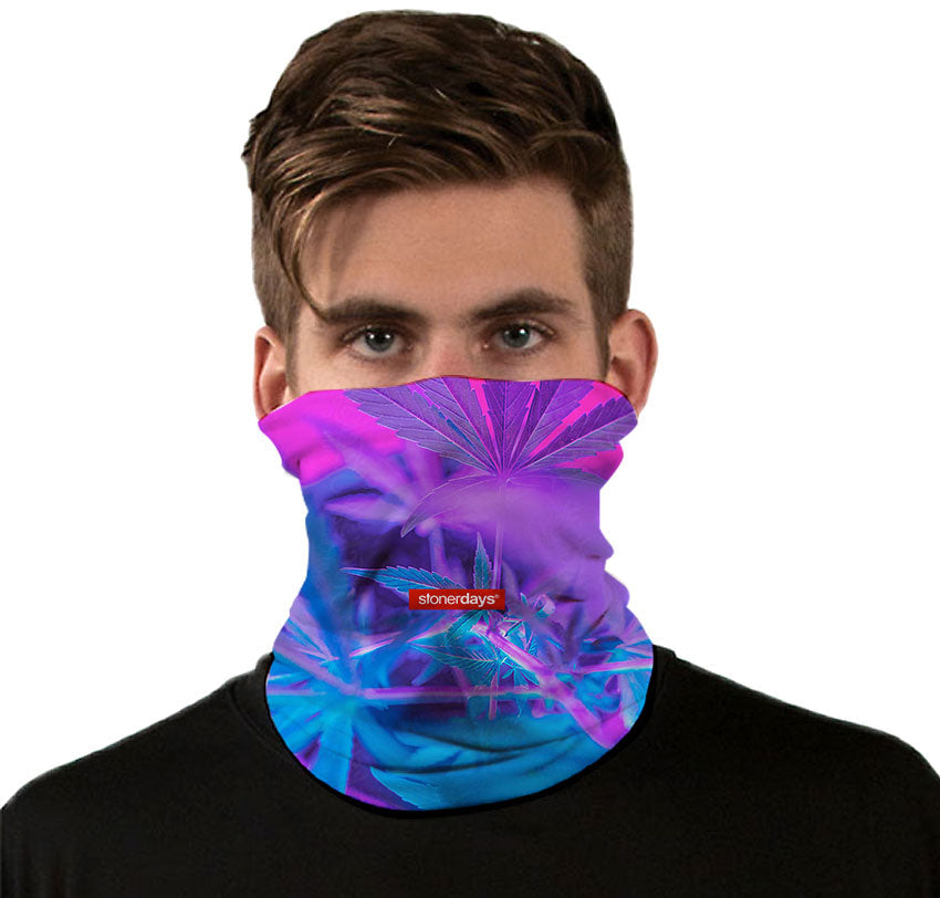 Front view of StonerDays Neck Gaiter in Purps and Blue Hues, worn by a model, versatile & comfortable