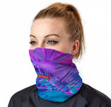 StonerDays Purps and Blue Hues Neck Gaiter worn by model, front view, vibrant design