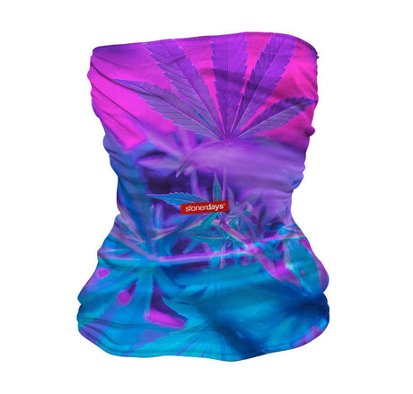 StonerDays Purps and Blue Hues Neck Gaiter featuring vibrant leaf design, front view
