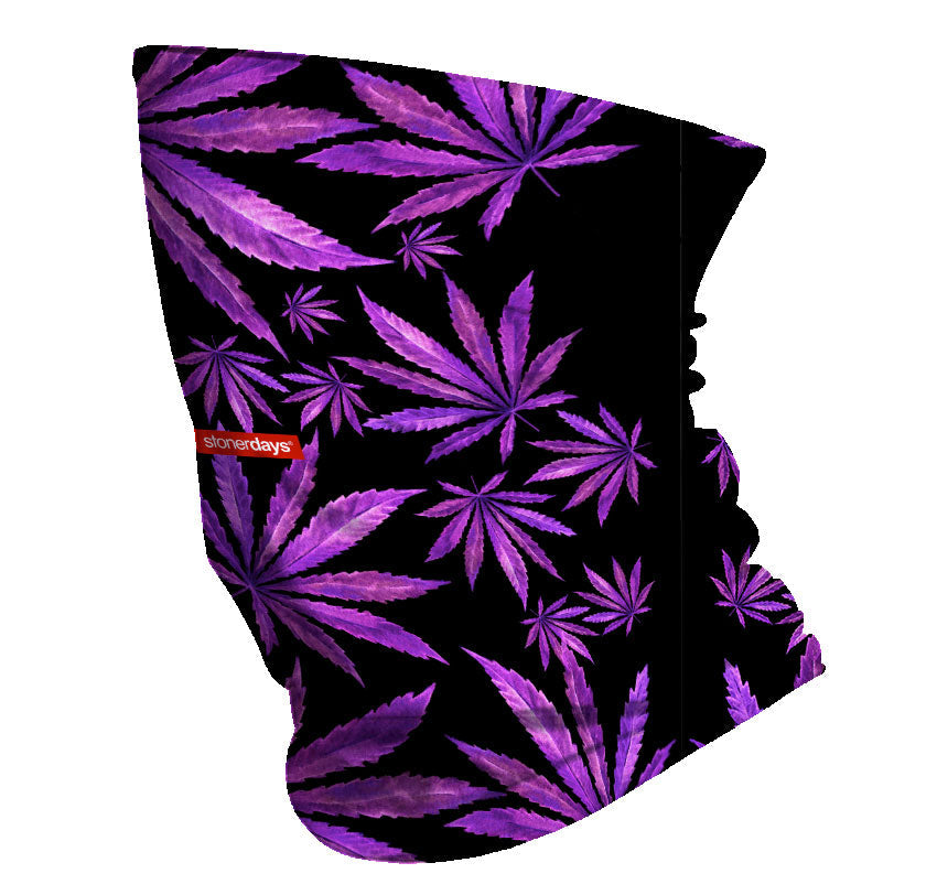 StonerDays Purps Kush Neck Gaiter featuring purple cannabis leaf design on black polyester