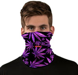 StonerDays Purps Kush Neck Gaiter with vibrant purple cannabis leaf design, front view on model