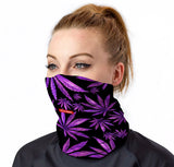 StonerDays Purps Kush Neck Gaiter with purple cannabis leaf design on model, front view