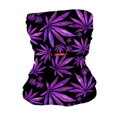 StonerDays Purps Kush Neck Gaiter featuring vibrant purple cannabis leaf design on black polyester fabric.