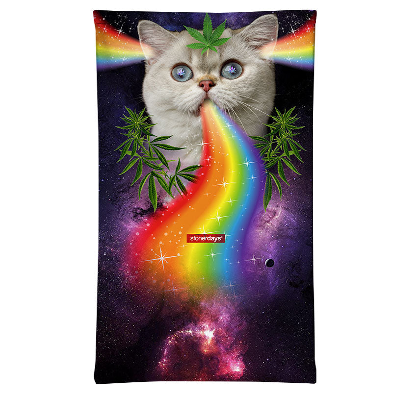 StonerDays Rainbow Cat Neck Gaiter with vibrant cosmic design, front view, made from polyester