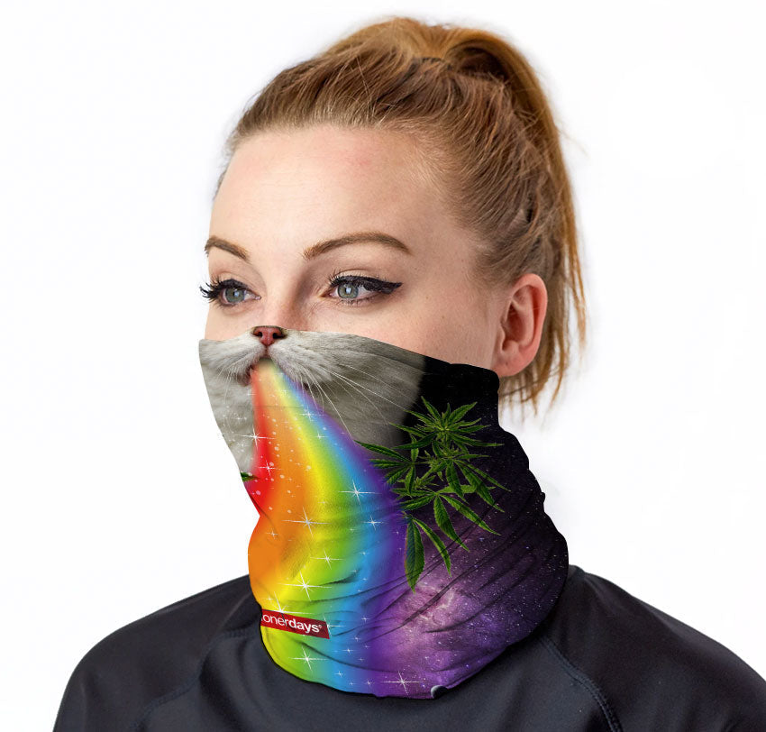 StonerDays Rainbow Cat Neck Gaiter featuring vibrant colors and cat design, made of polyester