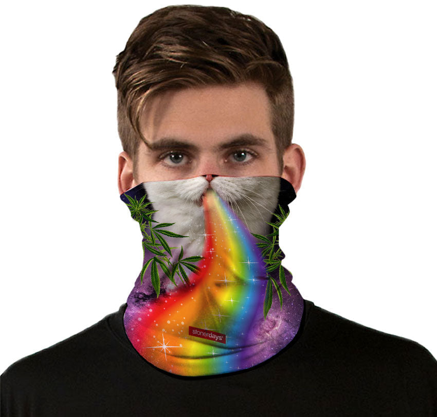 StonerDays Rainbow Cat Neck Gaiter featuring vibrant colors and cat design, front view on model