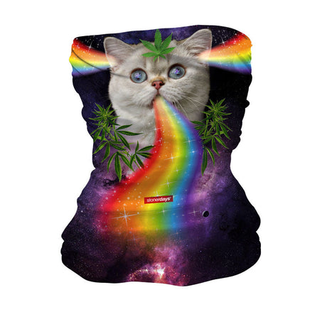 StonerDays Rainbow Cat Neck Gaiter featuring cosmic background and cannabis leaves, front view.