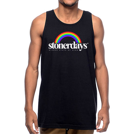 StonerDays Rainbow Men's Tank in black, front view, featuring a vibrant rainbow and logo, size options S to 2XL