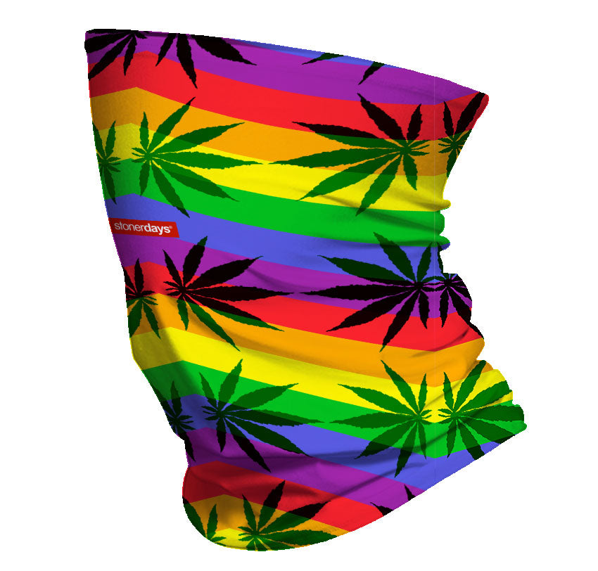 StonerDays Rainbow Stripes Neck Gaiter with Cannabis Leaf Design on White Background