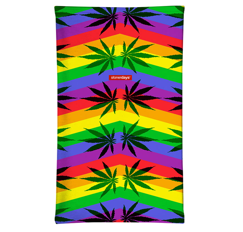 StonerDays Rainbow Stripes Neck Gaiter featuring vibrant cannabis leaf design, made from stretchy polyester
