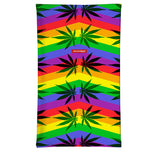 StonerDays Rainbow Stripes Neck Gaiter featuring vibrant cannabis leaf design, made from stretchy polyester