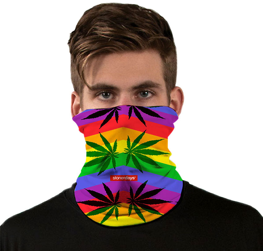 StonerDays Rainbow Stripes Neck Gaiter featuring vibrant cannabis leaf design, front view